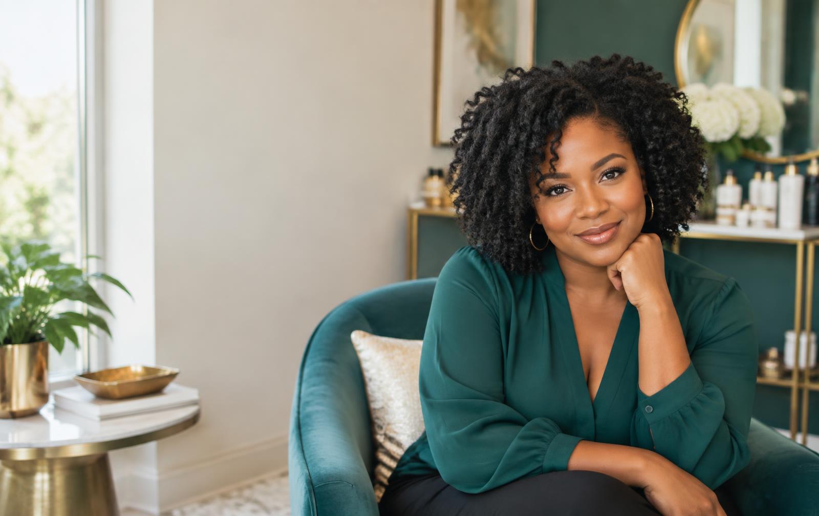 Confident woman with natural textured curls in a private salon setting